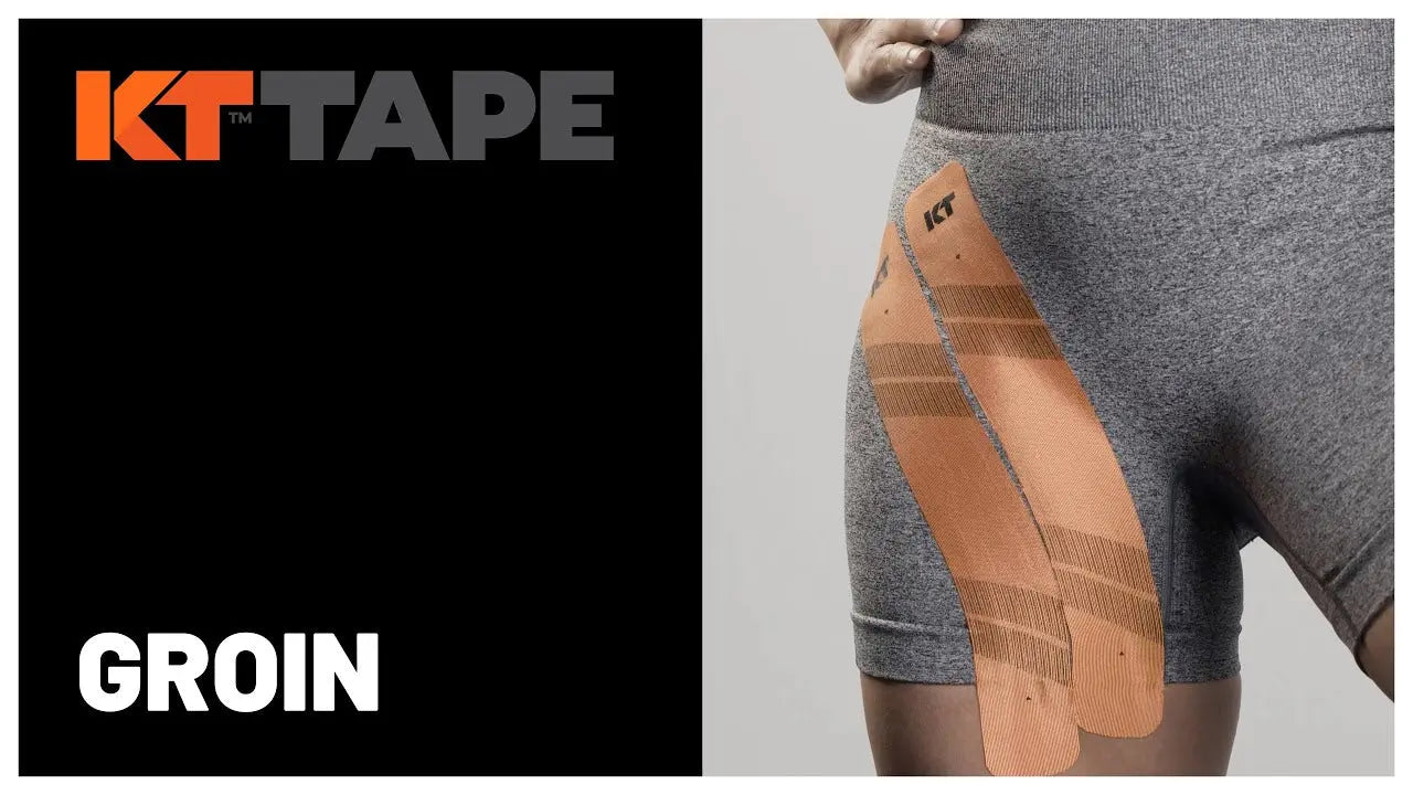 KT Tape Pro kinesiology tape roll used for groin strain taping and inner thigh support.