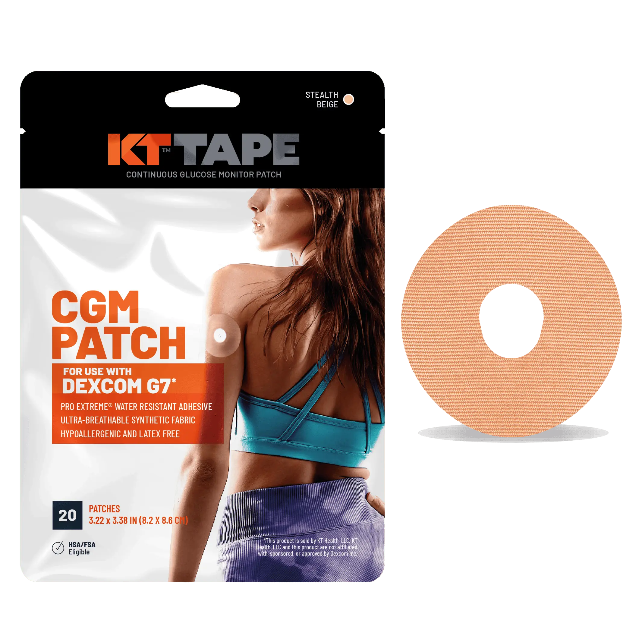 RightCare CGM Adhesive Patch for Dexcom G5/G6 Uncovered Oval, Tan , Made with Synthetic Pro Extreme KT Tape, Bag of 25, Beige