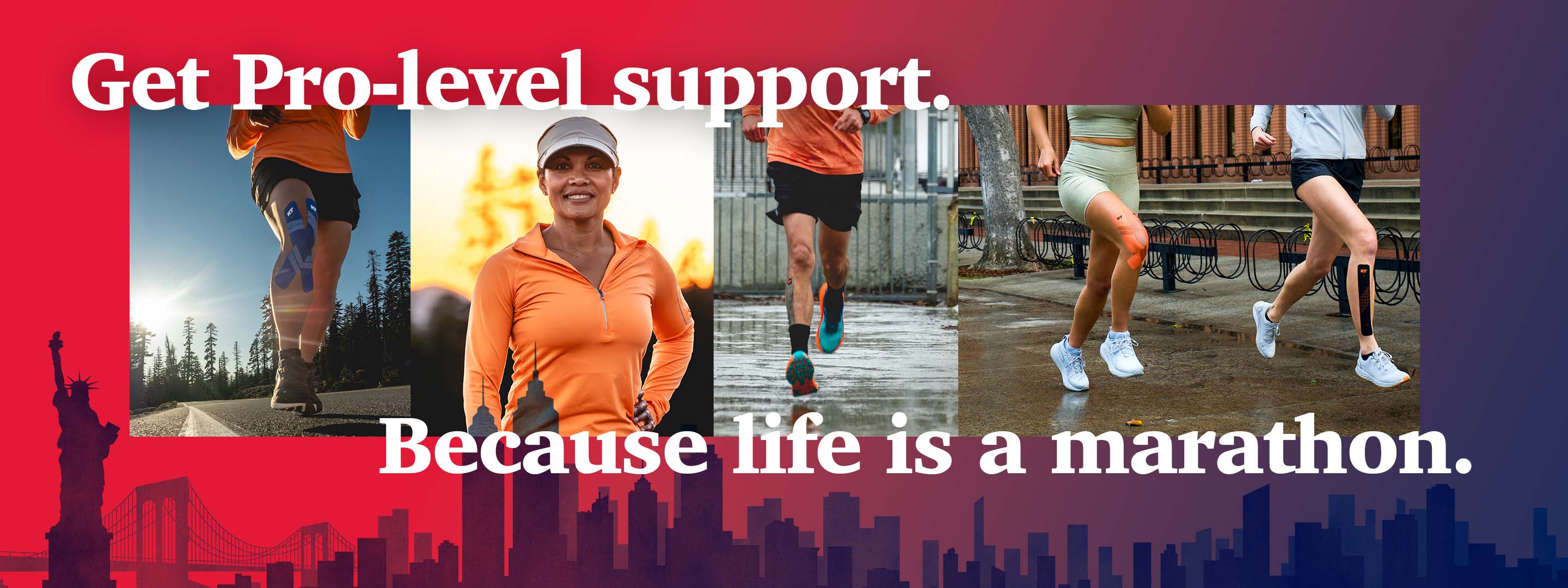 Advertisement for pro-level support with runners and motivational text on a cityscape background.