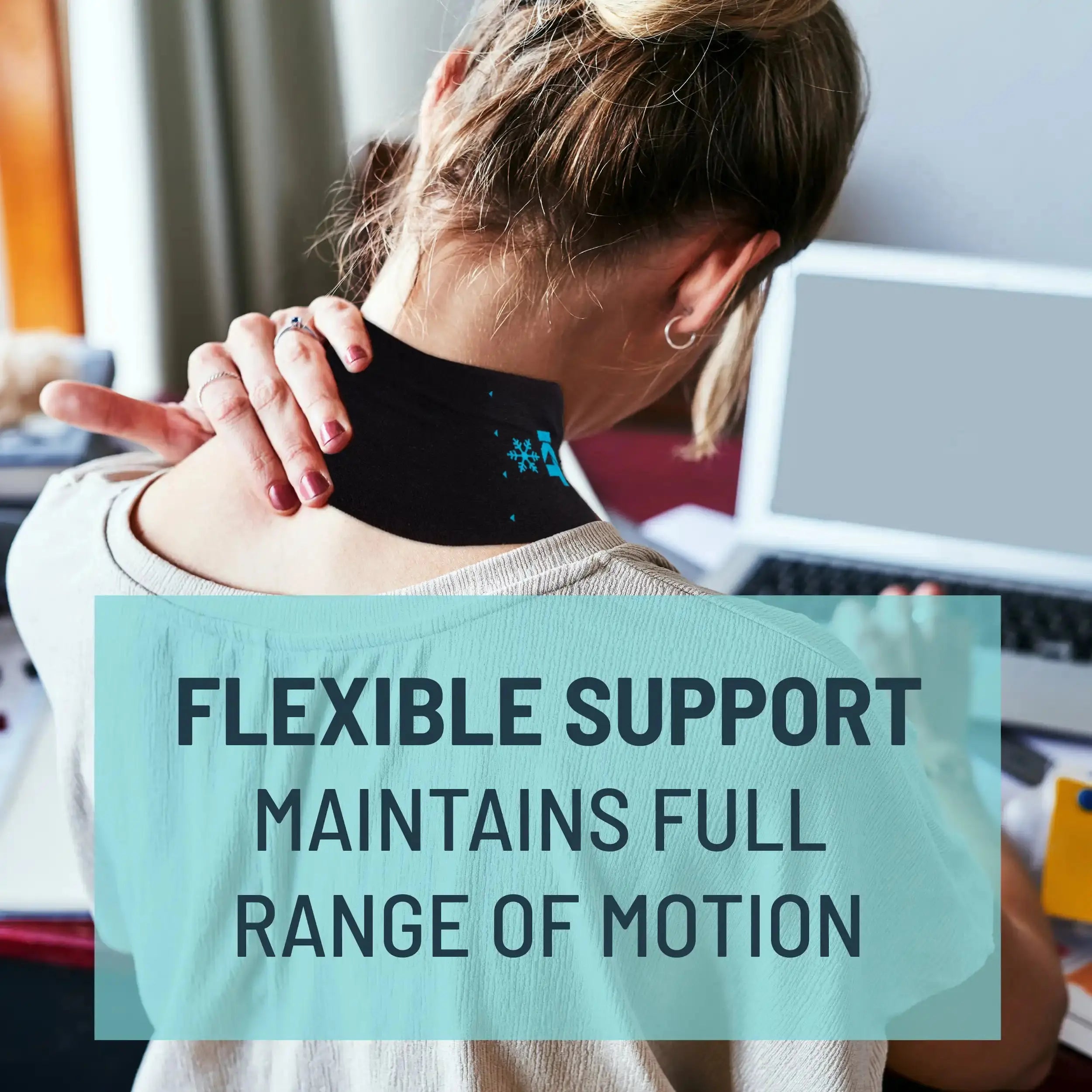 Woman wearing KT Tape Neck Pain Relief Patch on Neck. Flexible support maintains full range of motion.