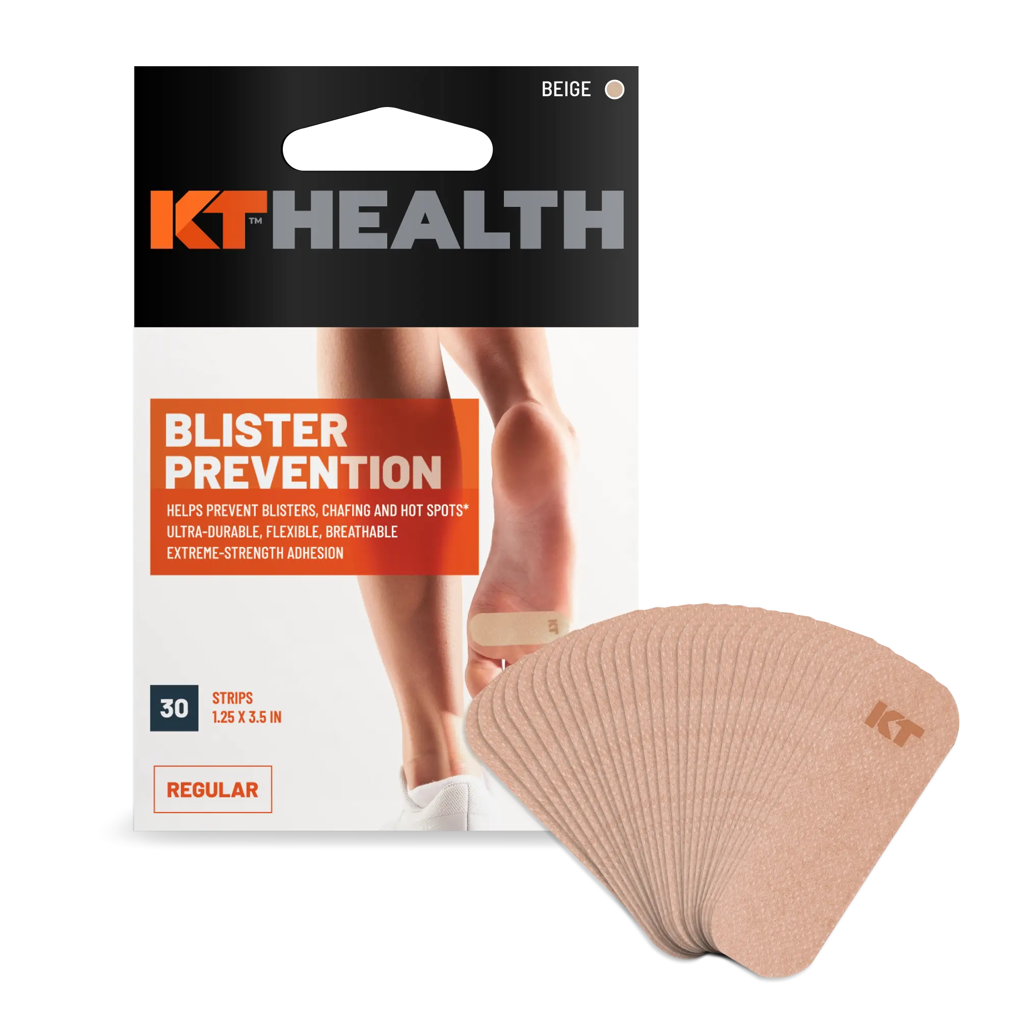 KT Health blister prevention strips packaging with beige strips displayed.