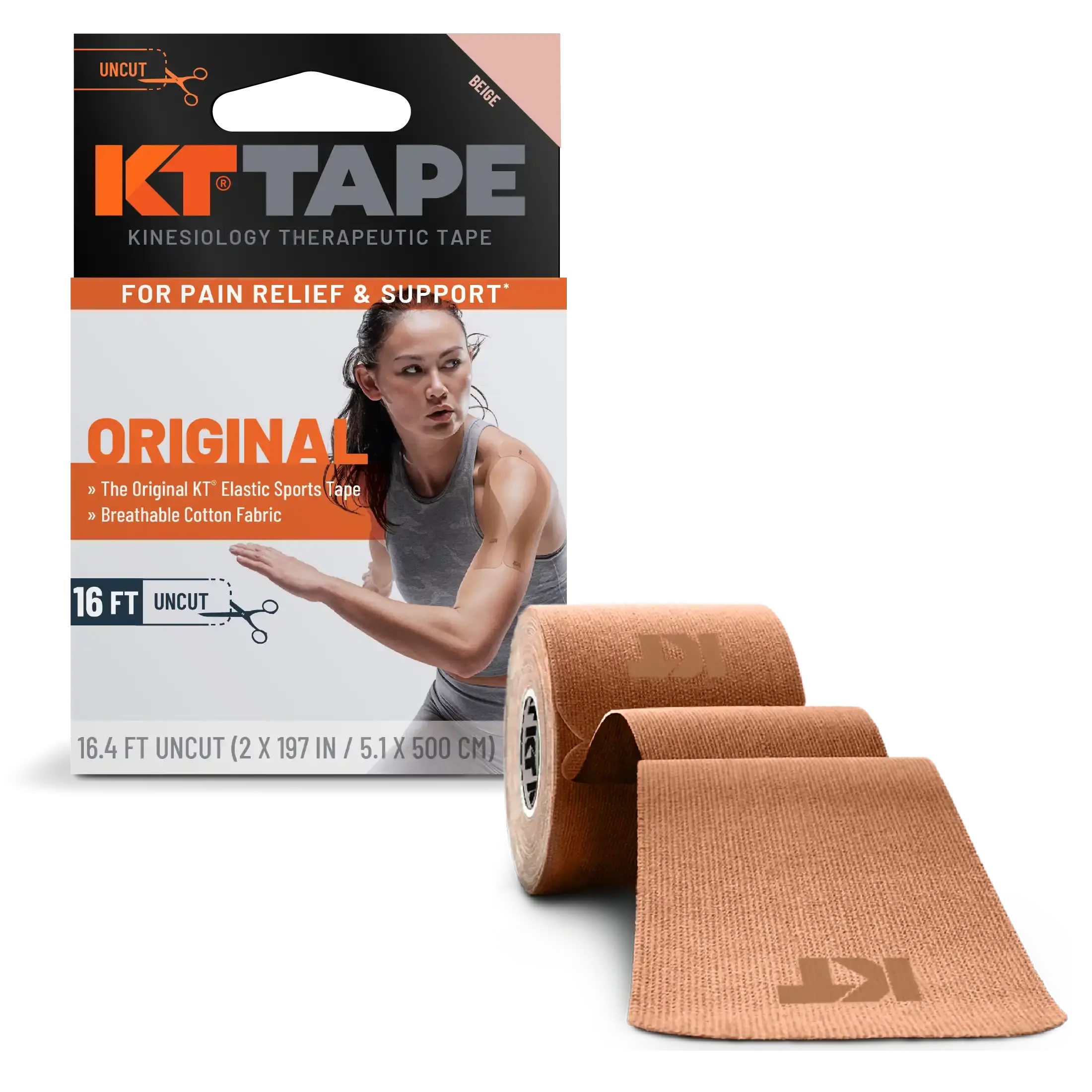 KT Tape Original Cotton kinesiology tape in Beige – 16 ft uncut roll for gentle joint and muscle support#color_beige