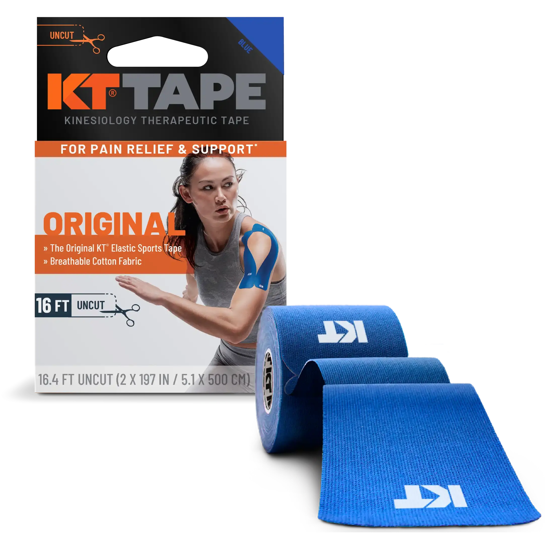 KT Tape Original Cotton kinesiology tape in Blue – 16 ft uncut roll for gentle joint and muscle support#color_blue