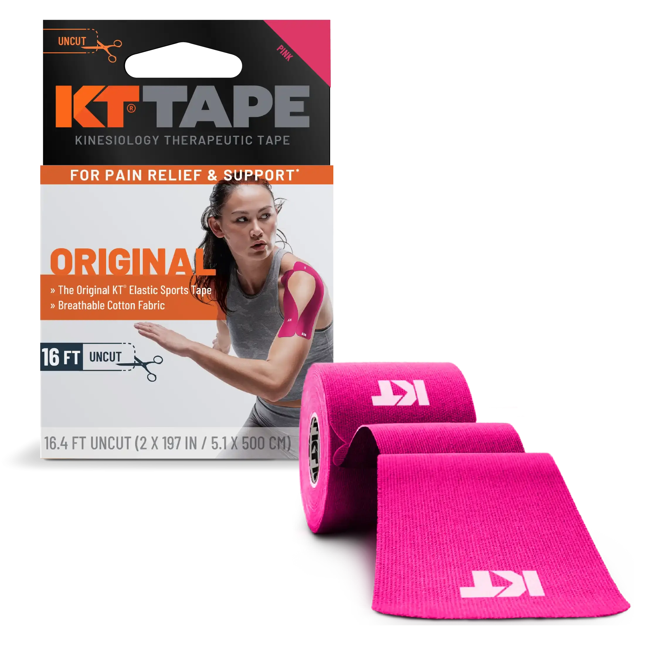 KT Tape Original Cotton kinesiology tape in Pink – 16 ft uncut roll for gentle joint and muscle support#color_pink