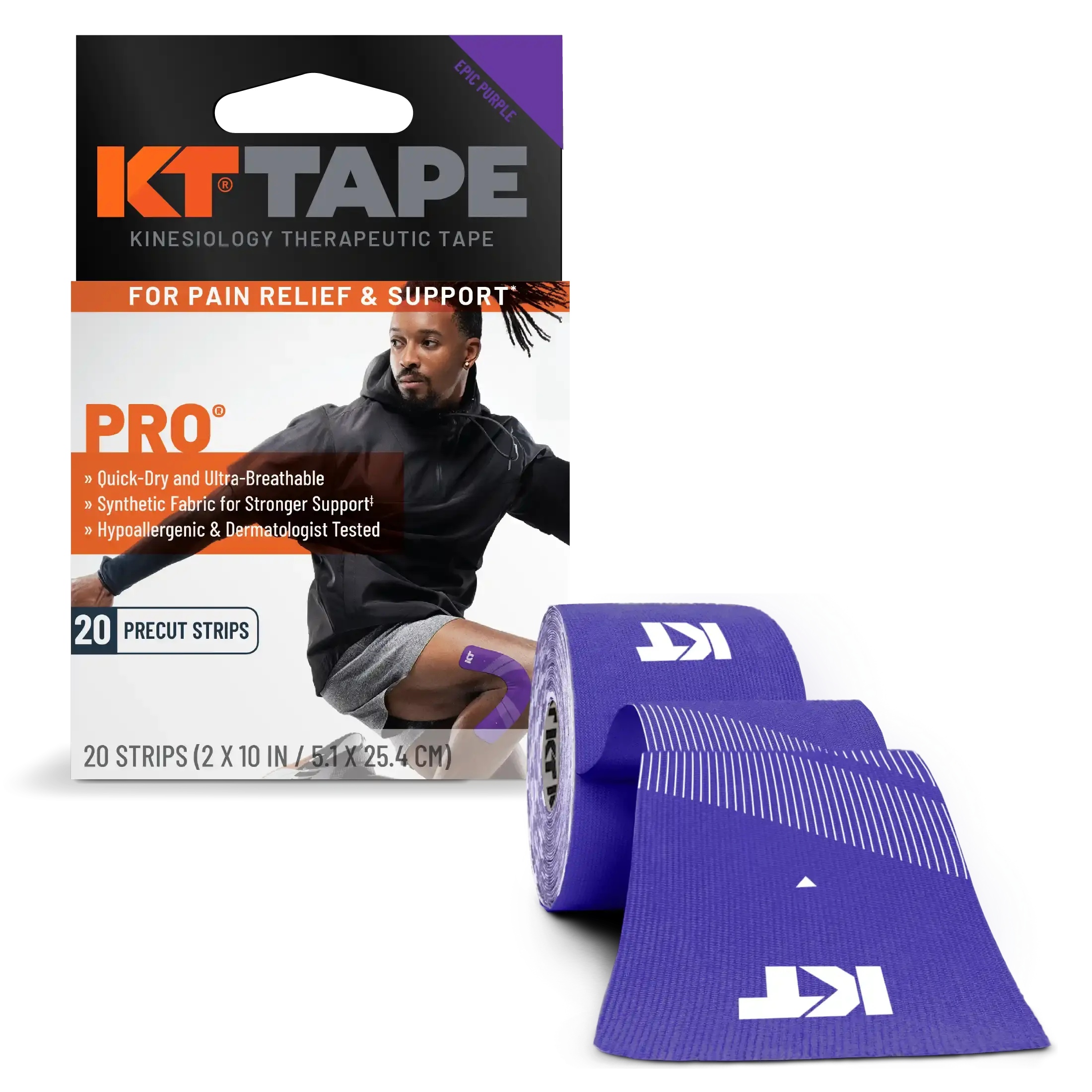 KT Tape Pro water-resistant synthetic kinesiology tape in Epic Purple - 20 precut strips for muscle support and pain relief#color_epic-purple
