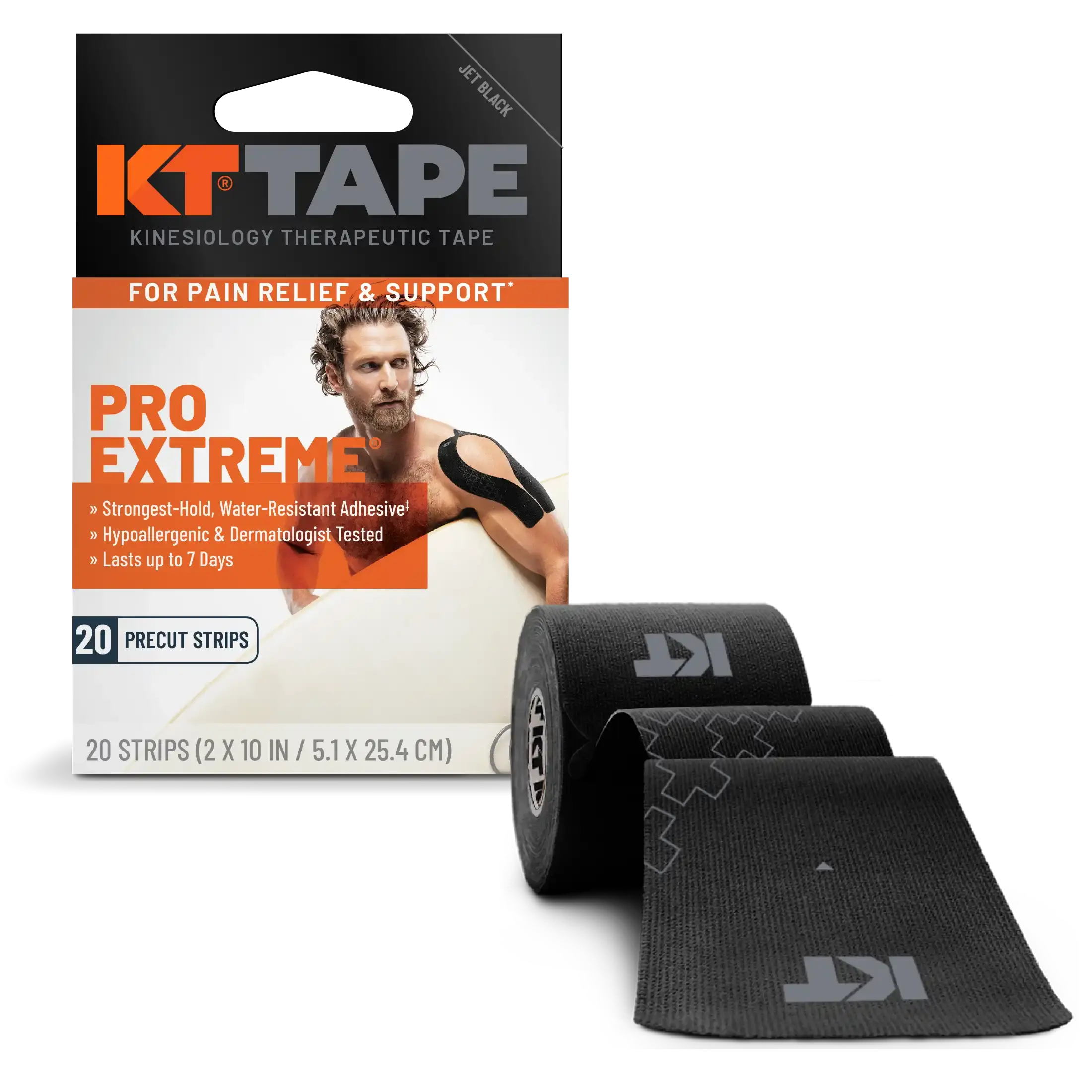 KT Tape Pro Extreme maximum strength kinesiology tape in Jet Black - 20 precut strips for intense athletic support#color_jet-black