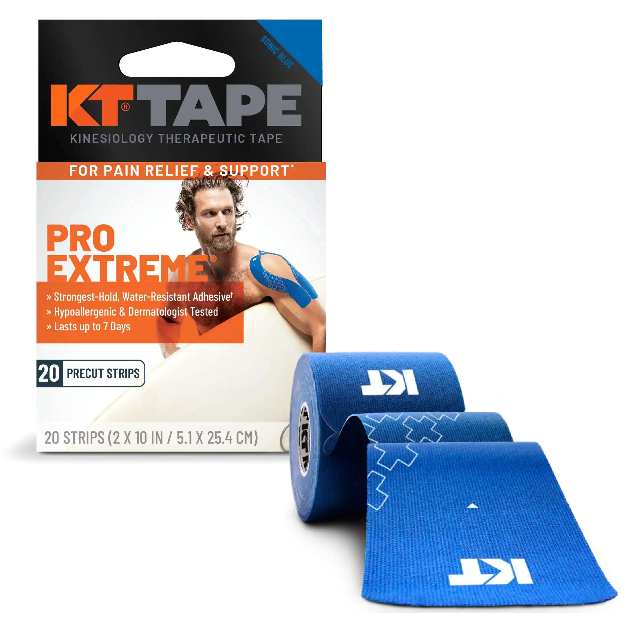 KT Tape Pro Extreme maximum strength kinesiology tape in Sonic Blue - 20 precut strips for intense athletic support#color_sonic-blue