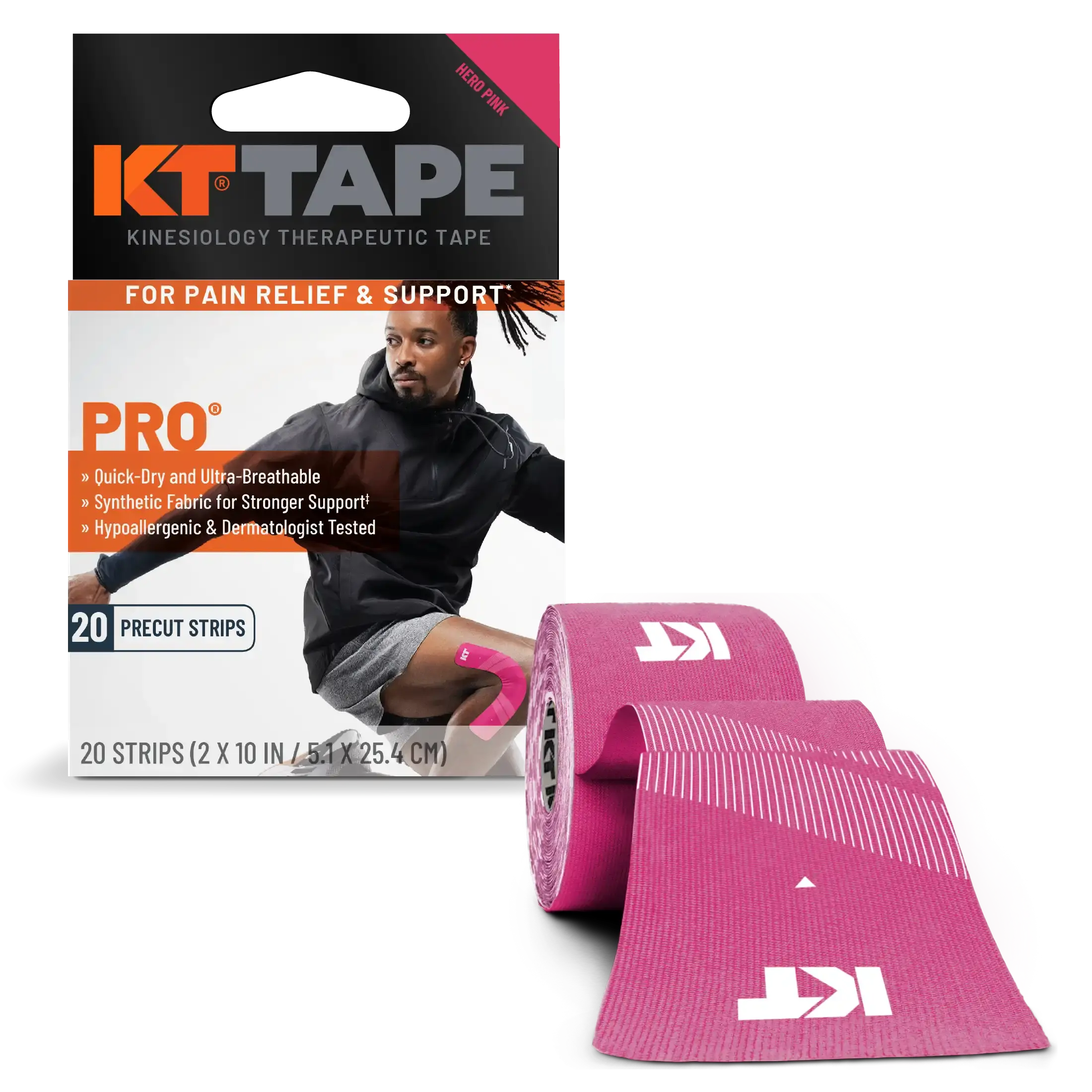 KT Tape Pro water-resistant synthetic kinesiology tape in Hero Pink - 20 precut strips for muscle support and pain relief#color_hero-pink