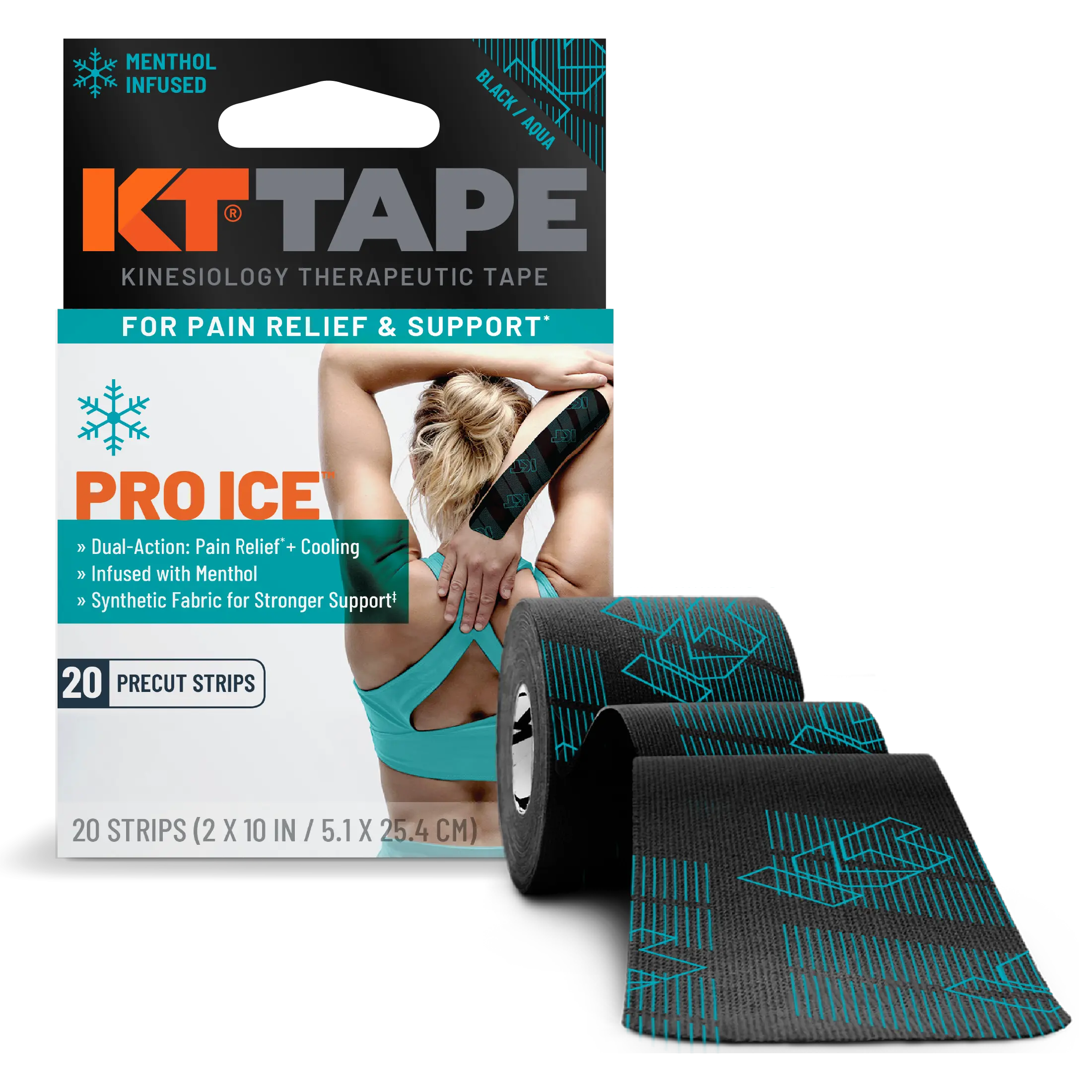 KT Tape Pro Ice water-resistant synthetic kinesiology tape in Black – 20 precut strips for muscle support and pain relief#color_black/cool-aqua