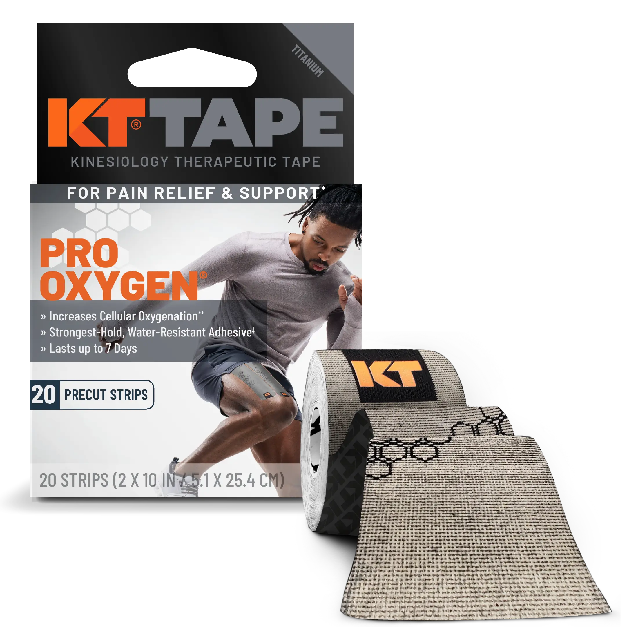 KT Tape Pro Oxygen kinesiology tape in Titanium – 20 precut strips for breathable muscle support and pain relief#color_titanium