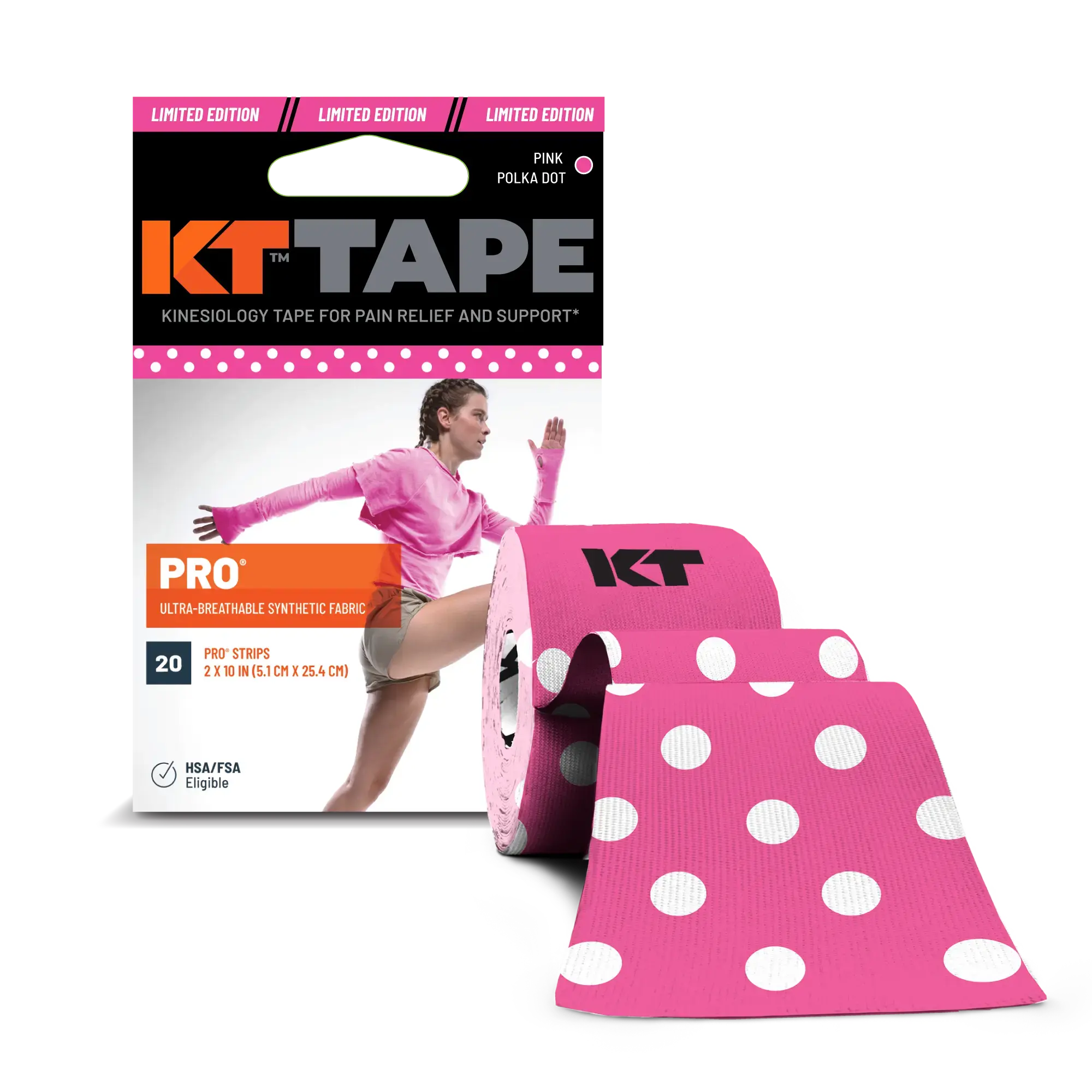 KT Tape Pro water-resistant synthetic kinesiology tape in Pink Polka Dot - 20 precut strips for muscle support and pain relief#color_pink-polka-dot