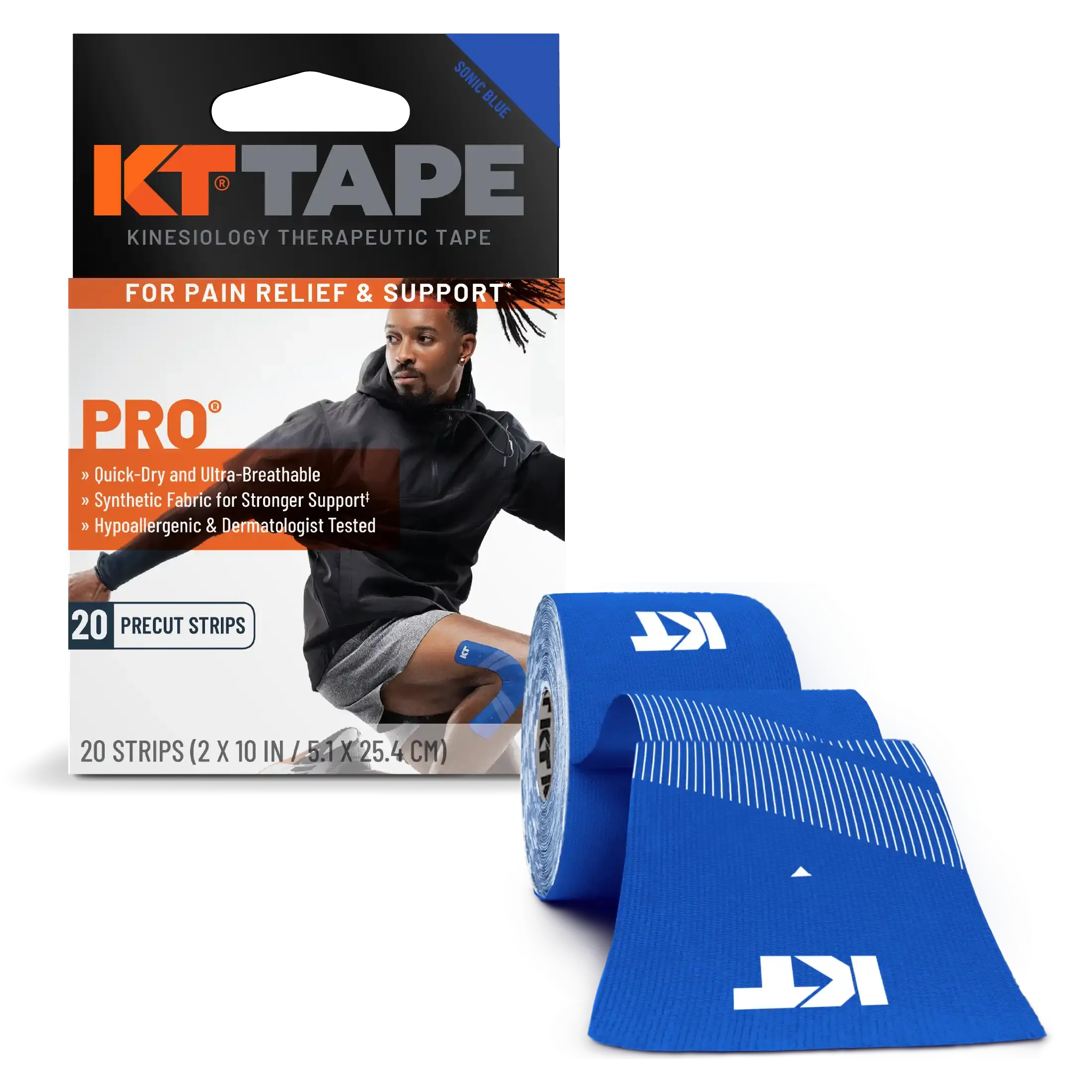 KT Tape Pro water-resistant synthetic kinesiology tape in Sonic Blue - 20 precut strips for muscle support and pain relief#color_sonic-blue