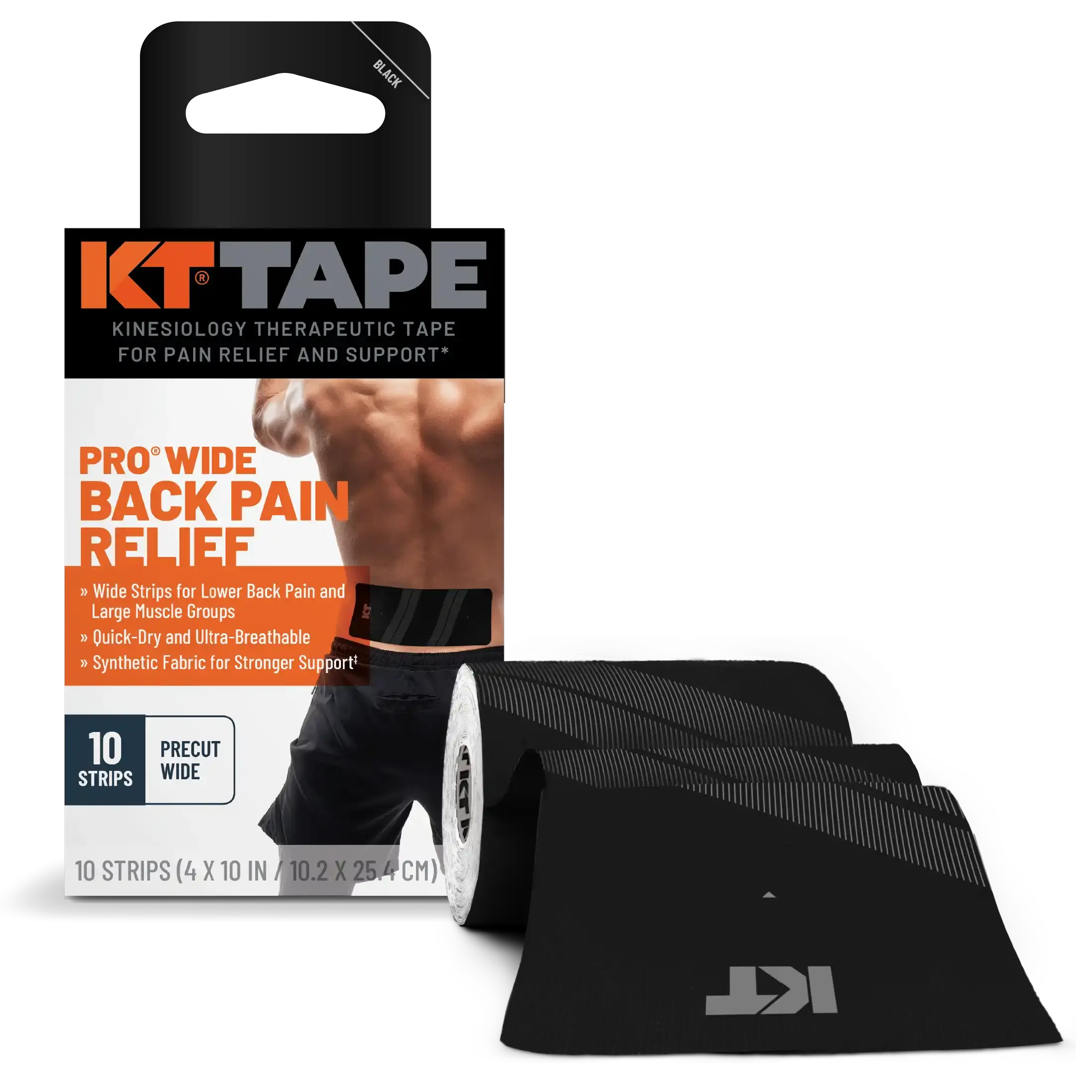 KT Tape Pro Wide kinesiology therapeutic tape packaging with strips displayed on a white background